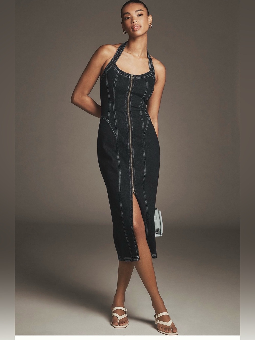 Pilcro Halter Zip-Front Denim Midi Dress